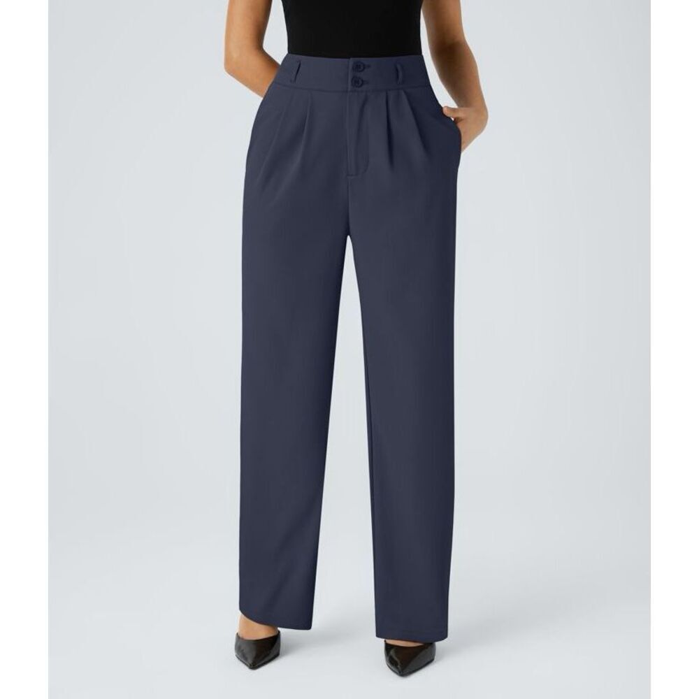 Halara Flex High Waisted Zipper Pocket Shirred Straight Leg Work Pants Navy XLP